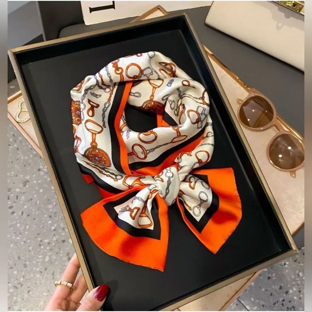 NEW! Equestrian Horse-bit Elegant Cream and Orange Silky Scarf